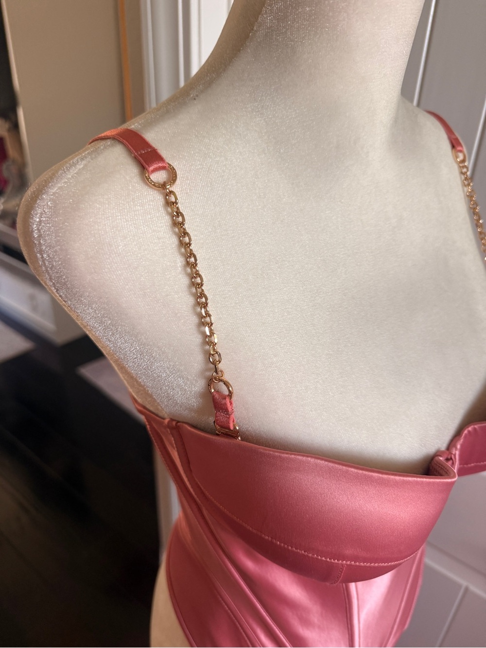 Honey Birdette Rose Pink Satin Bustier with Gold Chain Straps - Picture 8 of 10